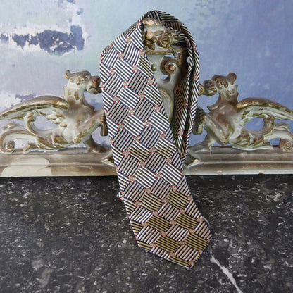 1990s Swedish Vintage Necktie | Silver Gold Black & Red Geometric Pattern Men's Tie