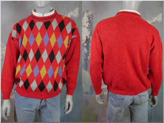 1980s Vintage Red Argyle Sweater | European Soft Angora Wool Blend Knit Pullover | Large