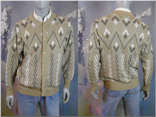 1980s German Vintage Cardigan | Green & Cream Colored Geometric Pattern Cotton Blend Sweater | Extra Large