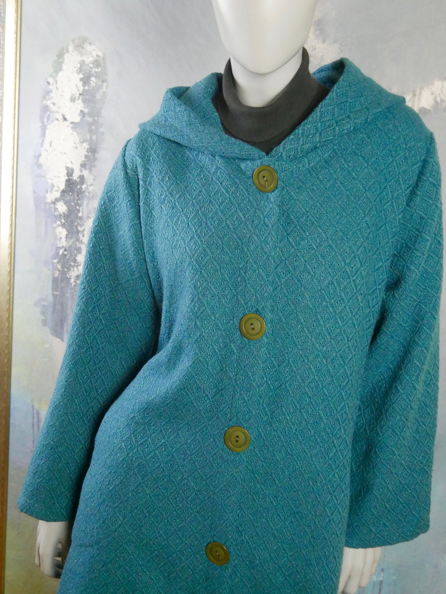 1990s Vintage  Turquoise Wool Coat with Hood | Size 14/16 US, 18/22 UK