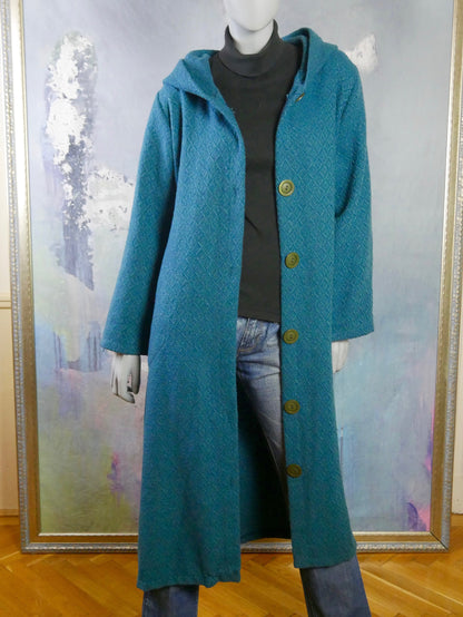 1990s Vintage  Turquoise Wool Coat with Hood | Size 14/16 US, 18/22 UK