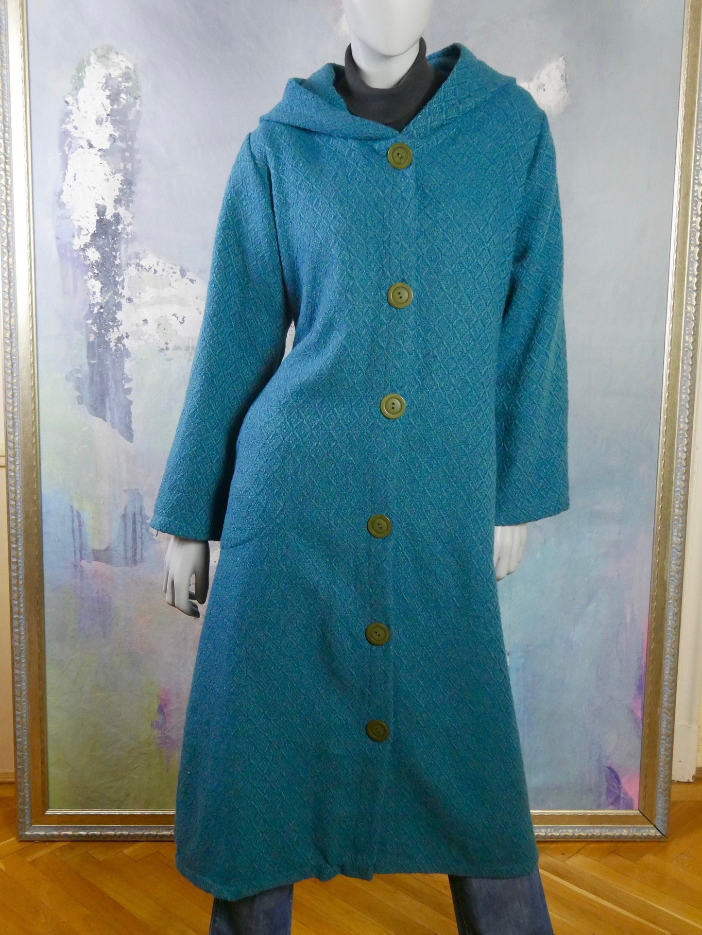 1990s Vintage  Turquoise Wool Coat with Hood | Size 14/16 US, 18/22 UK