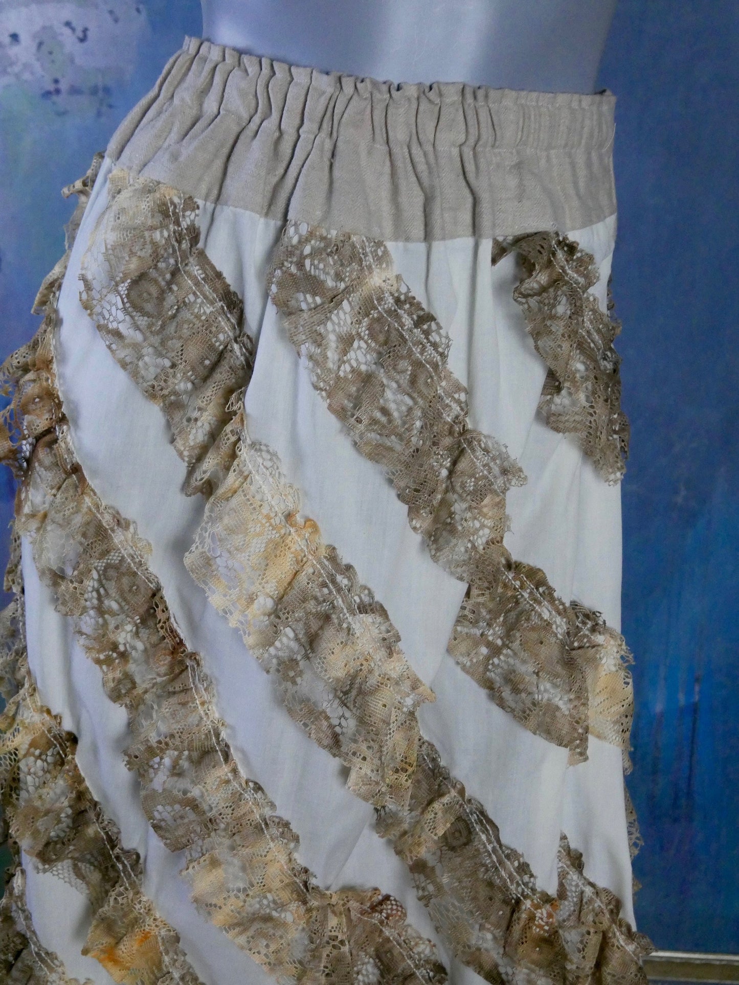 1970s Prairie Skirt | Vintage White Cotton with Tan Lace Unhemmed Gypsy Boho Style | Medium