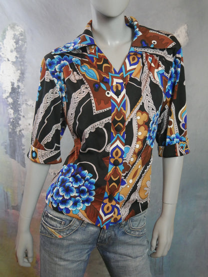 1970s Blouse | European Vintage Turquoise Bronze Gold Silver and Black Abstract Floral Shirt | Extra Large