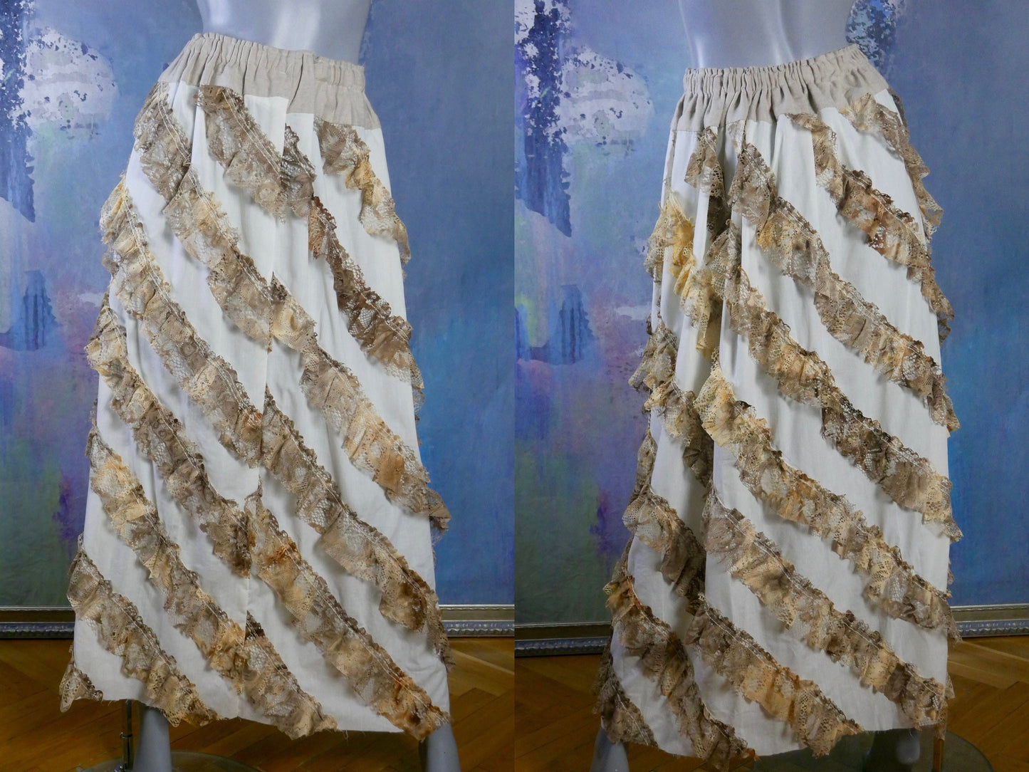 1970s Prairie Skirt | Vintage White Cotton with Tan Lace Unhemmed Gypsy Boho Style | Medium