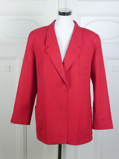 1980s Red Blazer, Belgian Vintage Jacket with Embroidered Nautical Anchor | Extra Large