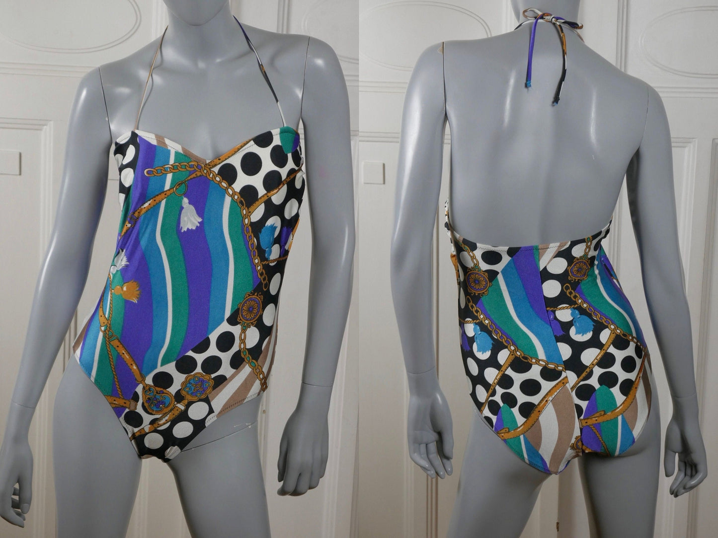 1990s Italian Vintage Swimsuit | Turquoise Black White Polka Dot Gold European One-Piece Bathing Suit | Medium