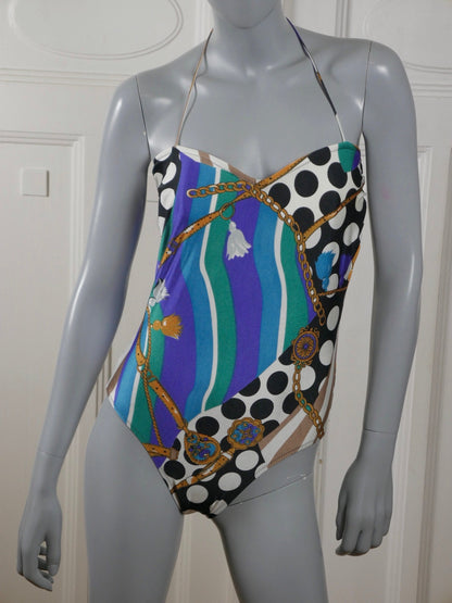 1990s Italian Vintage Swimsuit | Turquoise Black White Polka Dot Gold European One-Piece Bathing Suit | Medium