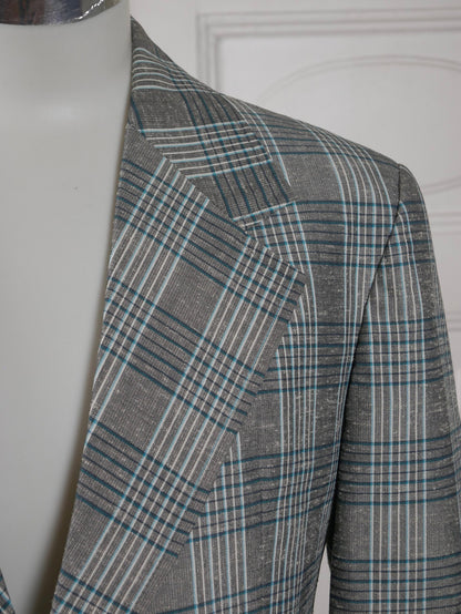 1970s Plaid Blazer | Vintage Silver Gray & Turquoise Single-Breasted Jacket with Wide Lapels | Size Medium