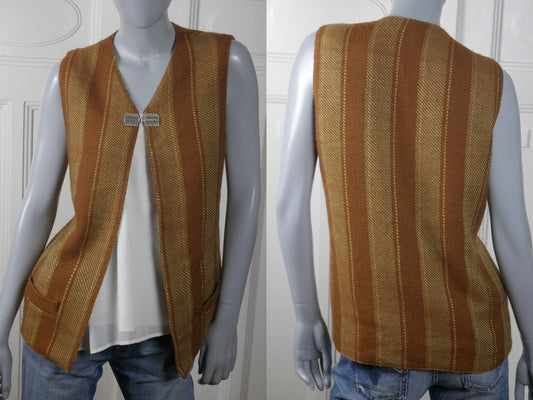 Women's 1970s Vintage Long Striped Vest | Light Caramel Brown & Golden Beige Tweed Wool  | Large