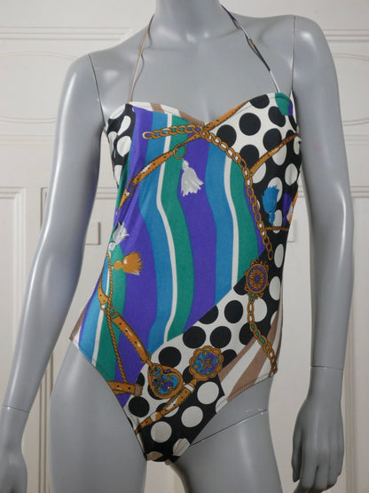 1990s Italian Vintage Swimsuit | Turquoise Black White Polka Dot Gold European One-Piece Bathing Suit | Medium