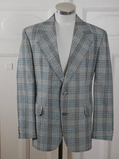 1970s Plaid Blazer | Vintage Silver Gray & Turquoise Single-Breasted Jacket with Wide Lapels | Size Medium