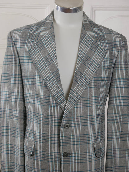 1970s Plaid Blazer | Vintage Silver Gray & Turquoise Single-Breasted Jacket with Wide Lapels | Size Medium