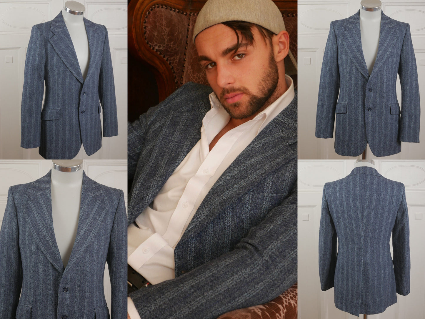 1970s British Vintage Blue Blazer | Carnaby Street Style  Wide Collar Wool Striped Jacket | Medium