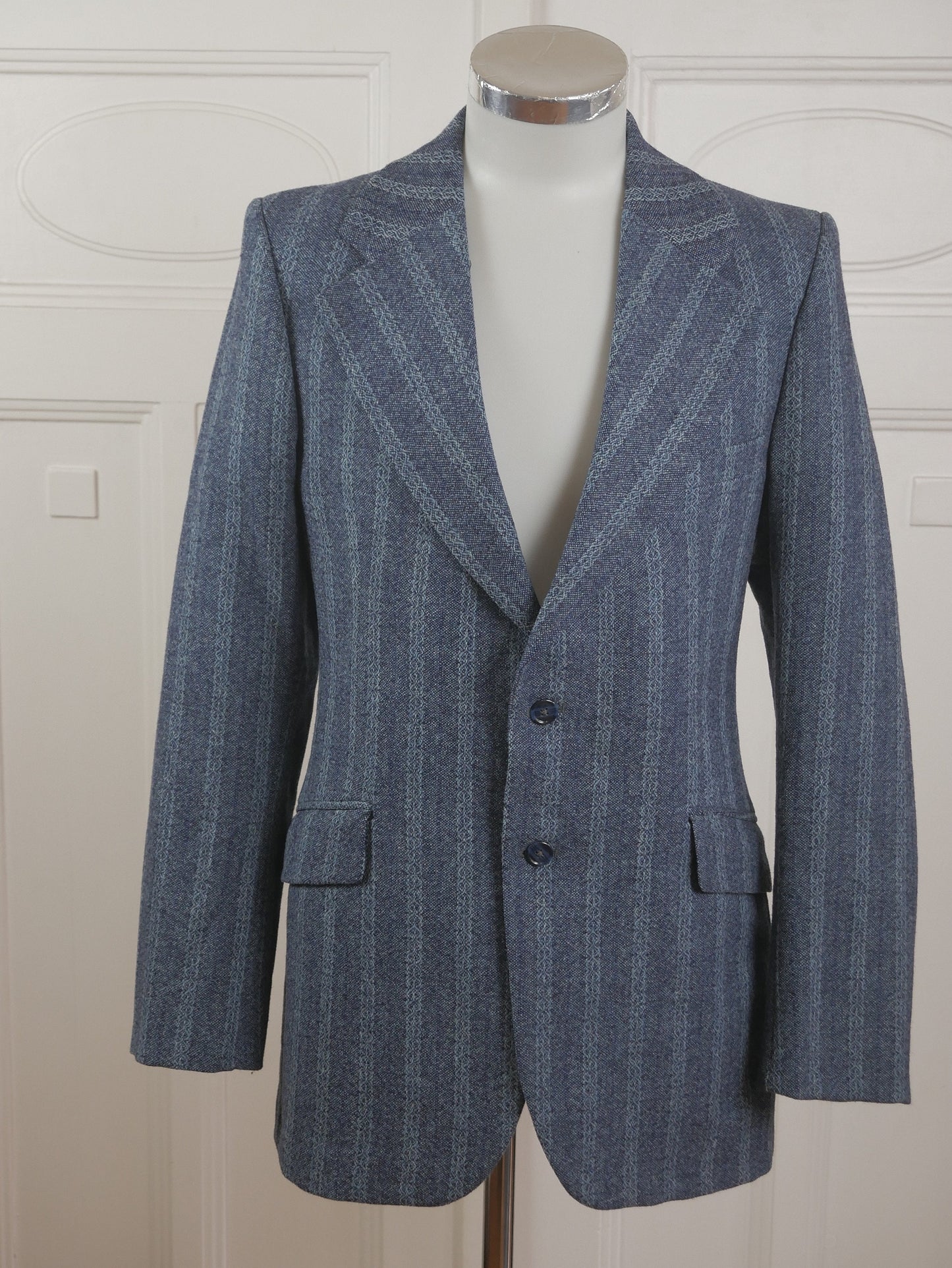 1970s British Vintage Blue Blazer | Carnaby Street Style  Wide Collar Wool Striped Jacket | Medium
