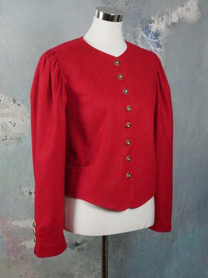 Austrian Vintage Red Blazer | 1990s Loden Wool Edwardian Style Short Cropped Tyrol Jacket with Puff Sleeves | Large