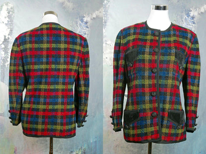 1980s Italian Vintage Plaid Blazer | Red Green Blue Black Jacket w Gold Threading | Large