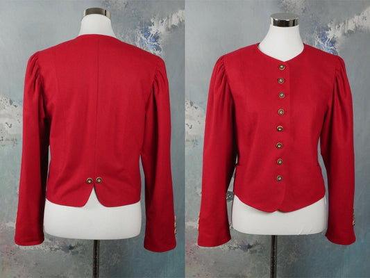 Austrian Vintage Red Blazer | 1990s Loden Wool Edwardian Style Short Cropped Tyrol Jacket with Puff Sleeves | Large