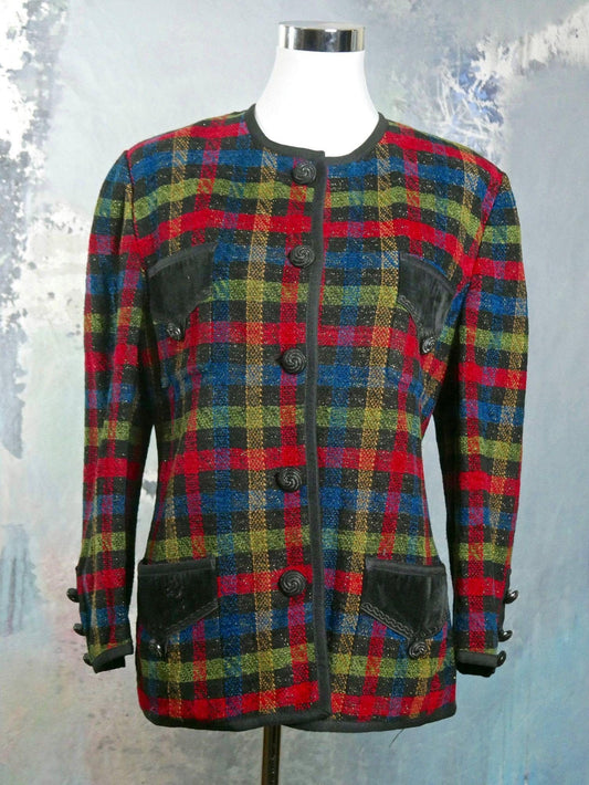 1980s Italian Vintage Plaid Blazer | Red Green Blue Black Jacket w Gold Threading | Large