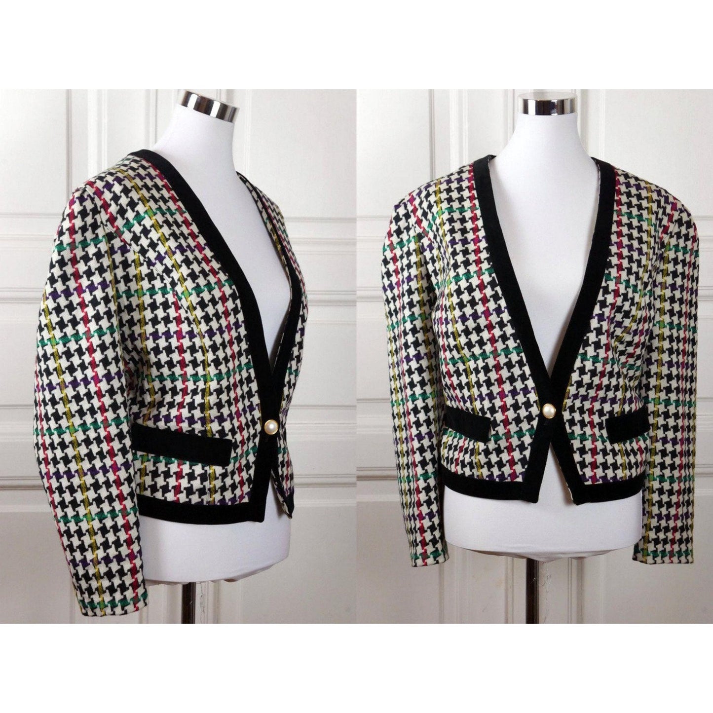 1980s Women's Cropped Blazer | Vintage Black White Red Purple Green & Yellow Houndstooth Jacket with Velvet Trim | Large