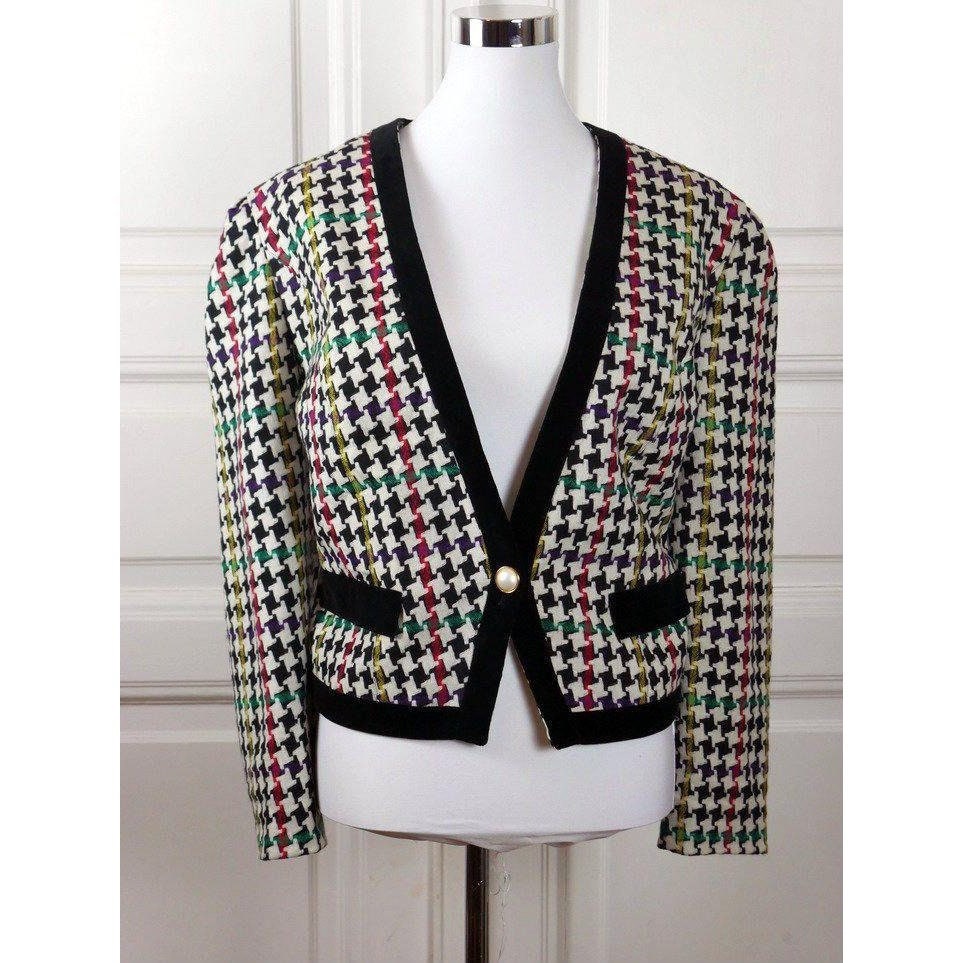 1980s Women's Cropped Blazer | Vintage Black White Red Purple Green & Yellow Houndstooth Jacket with Velvet Trim | Large
