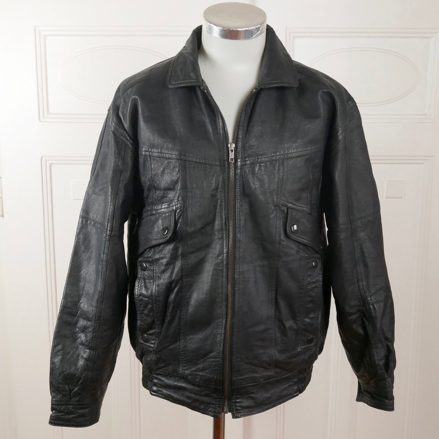 1980s Black Leather Bomber Jacket | Vintage Motorcycle Jacket | Medium