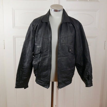 1980s Black Leather Bomber Jacket | Vintage Motorcycle Jacket | Medium
