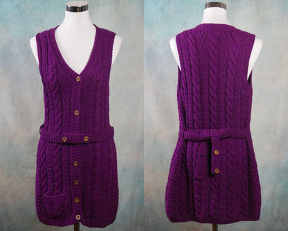 1970s Purple Long Vest | Italian Vintage Wool Cable Knit Duster | Small