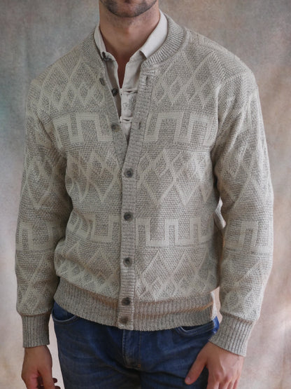 1980s Vintage Knit Cardigan | Light Gray and Beige Sweater | Large