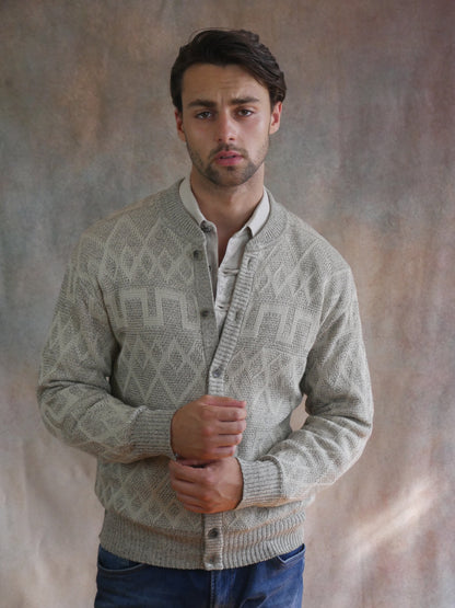 1980s Vintage Knit Cardigan | Light Gray and Beige Sweater | Large