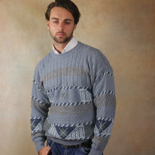 1980s Vintage Sweater | Slate Powder Blue Crewneck Pullover | Large