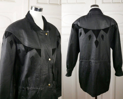 80s Vintage Black Leather Coat with Suede Southwestern Geometric Panels | Extra Large