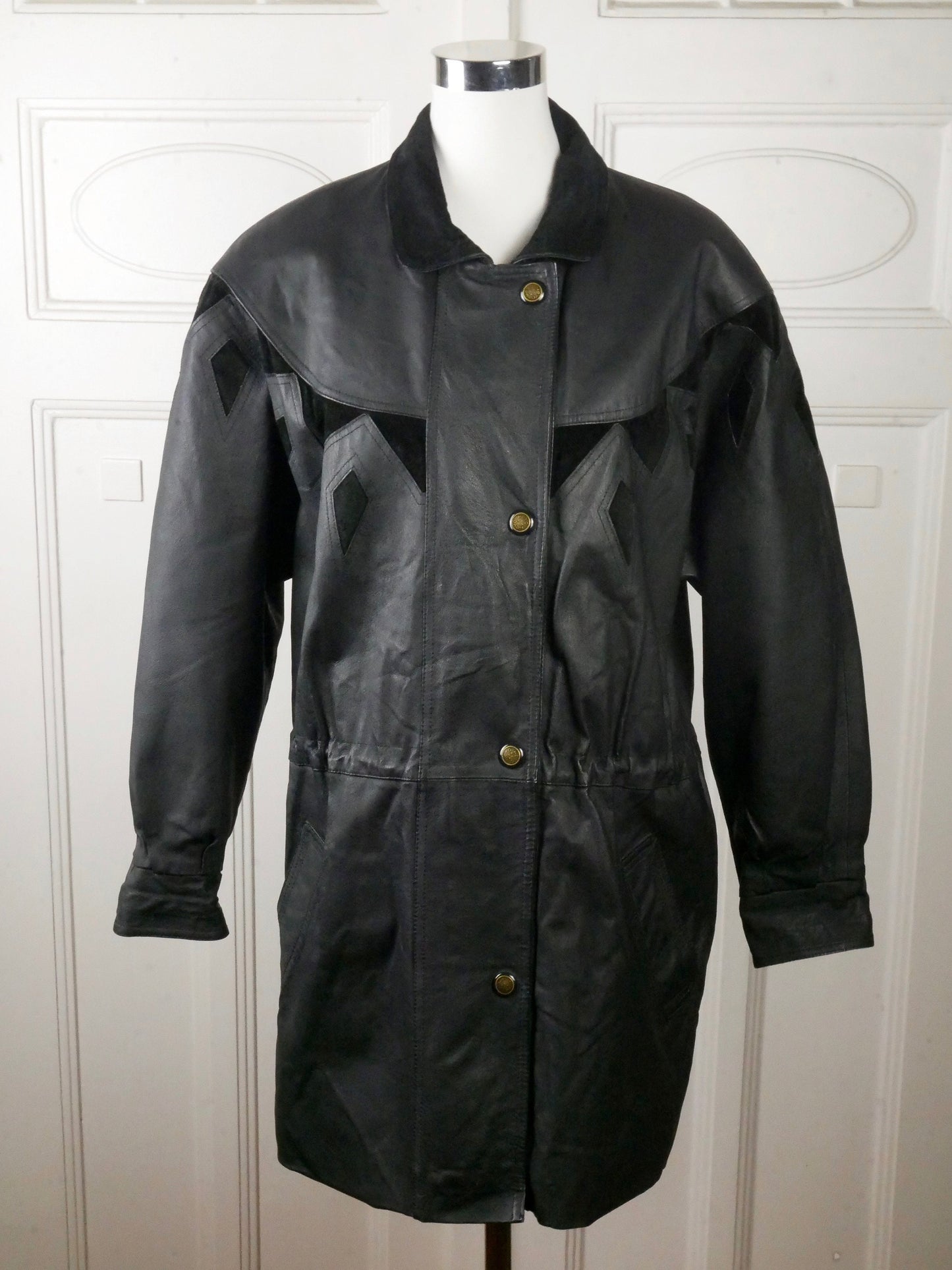 80s Vintage Black Leather Coat with Suede Southwestern Geometric Panels | Extra Large