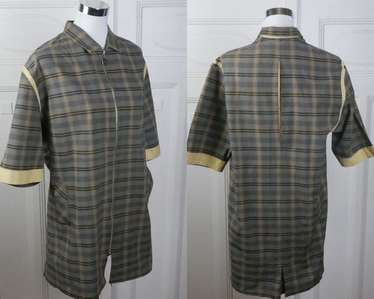 1980s Vintage Smock Top | Brown and Beige Long Plaid Blouse | Large