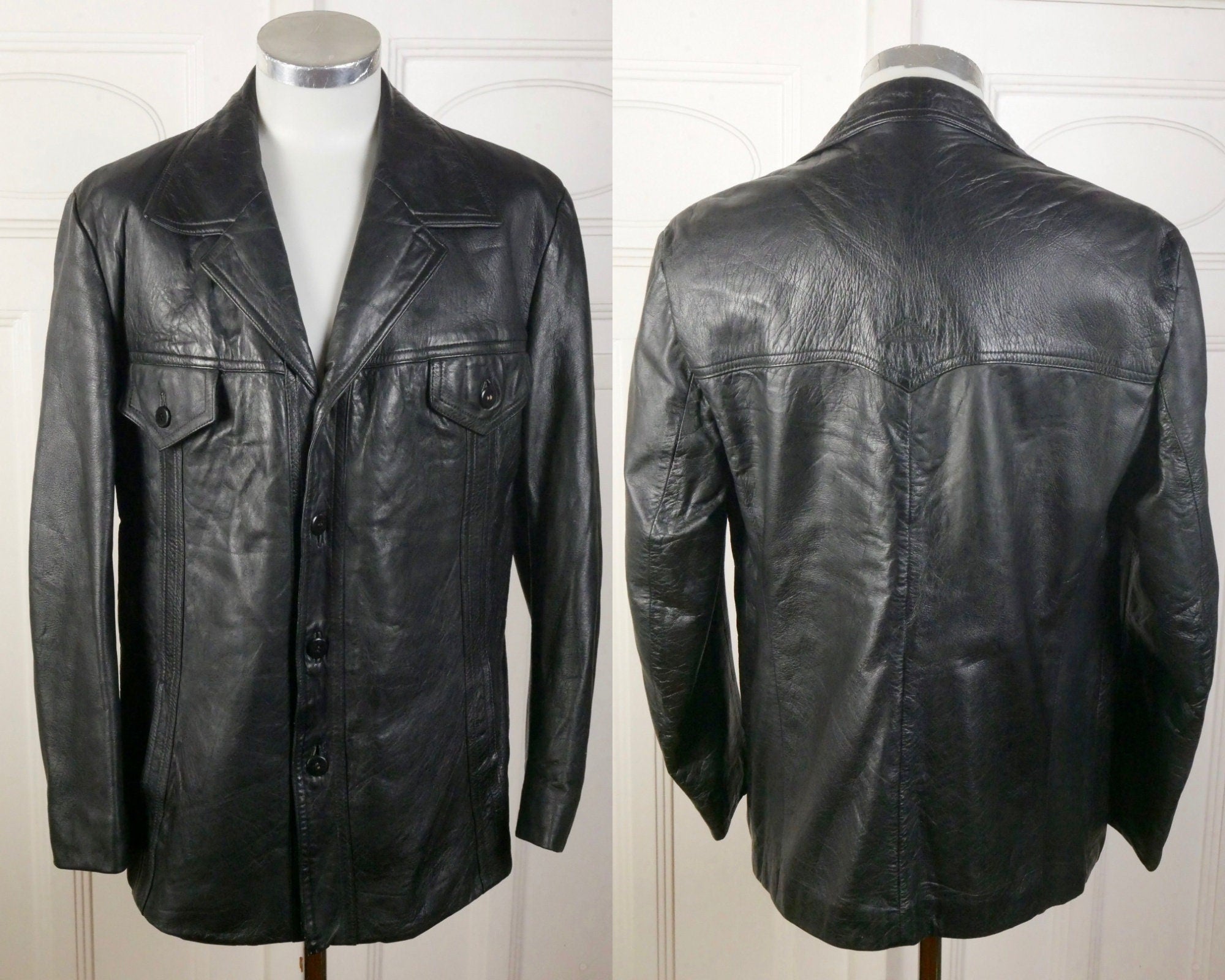 Men s 70s Black Leather Jacket German Vintage Wide Collar Blazer Sty Leo Gabor Vintage