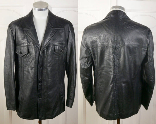 Men's 70s Black Leather Jacket | German Vintage Wide Collar Blazer Style | Medium