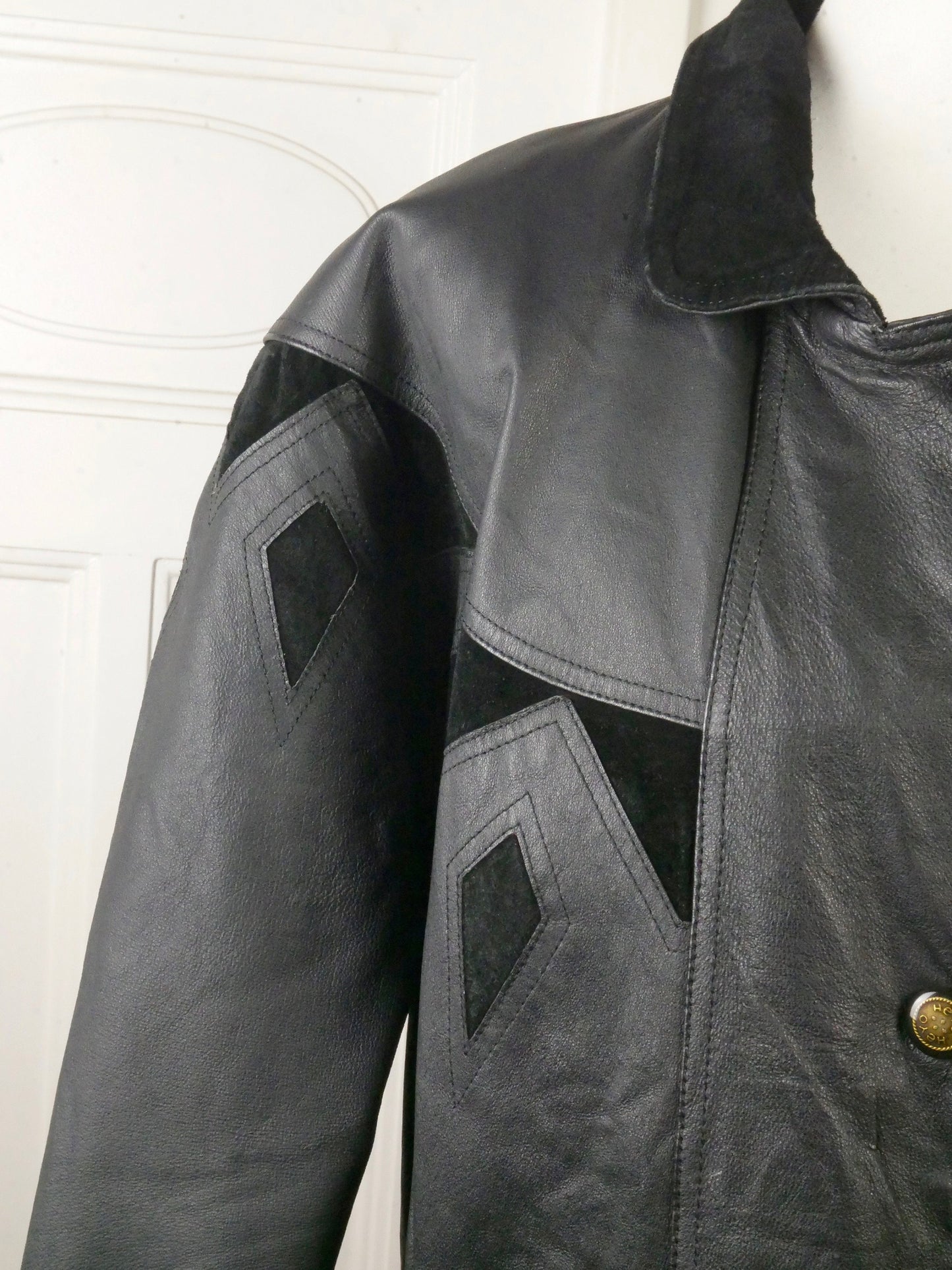 80s Vintage Black Leather Coat with Suede Southwestern Geometric Panels | Extra Large