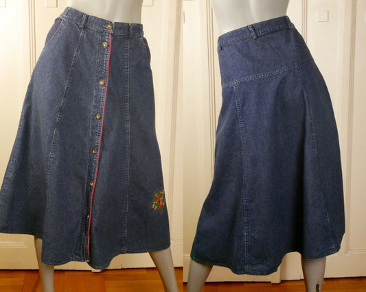1990s Vintage Denim Skirt with Embroidered Flowers | Medium