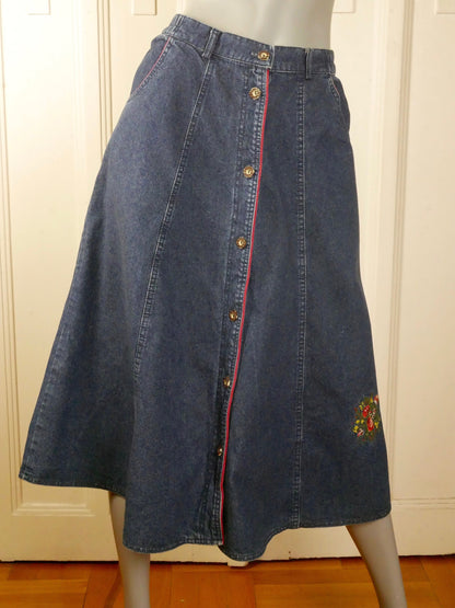 1990s Vintage Denim Skirt with Embroidered Flowers | Medium