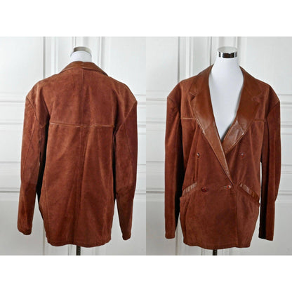 Vintage Suede Jacket, 1980s European Burnt Umber Brown Leather Double-Breasted Women's Coat | Large