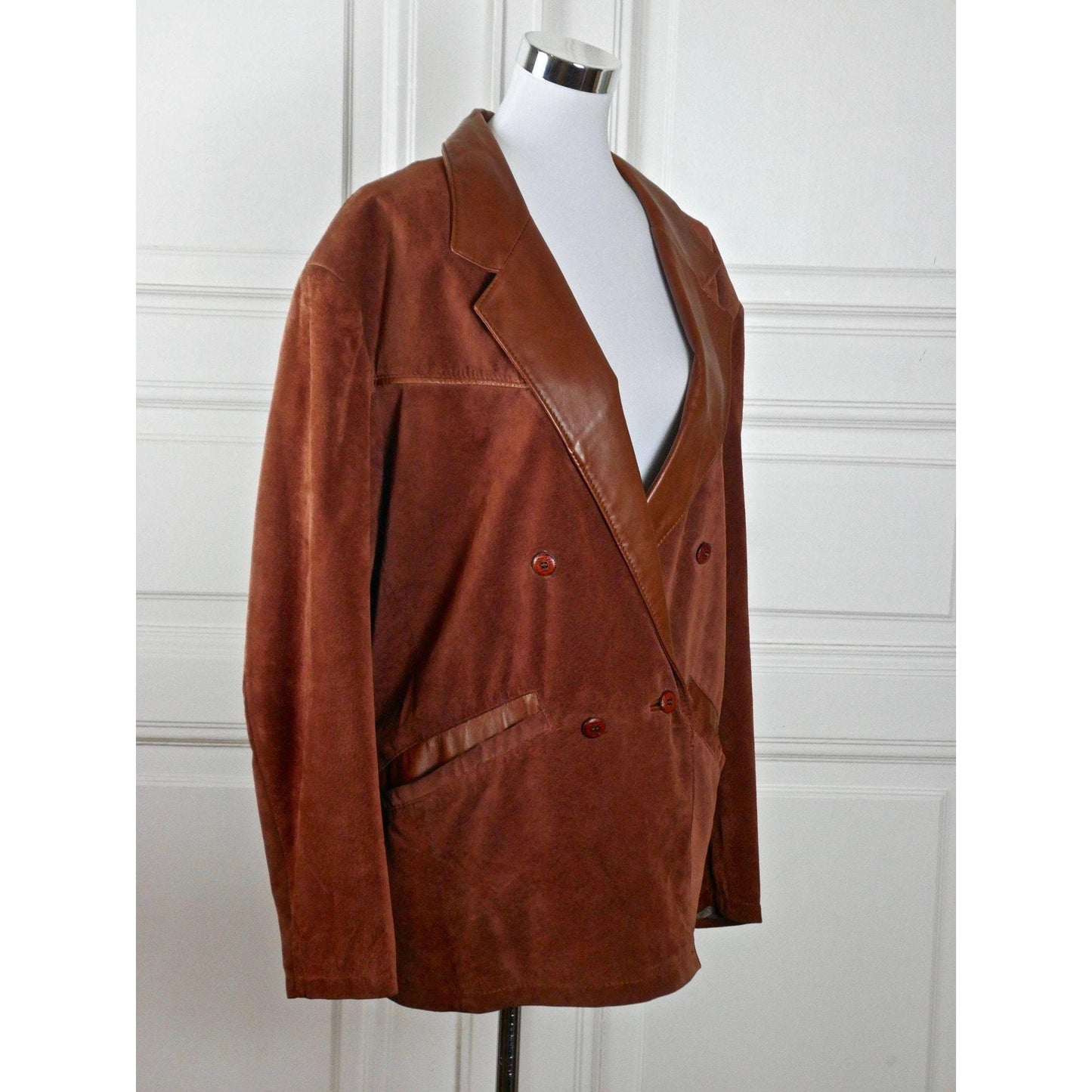 Vintage Suede Jacket, 1980s European Burnt Umber Brown Leather Double-Breasted Women's Coat | Large