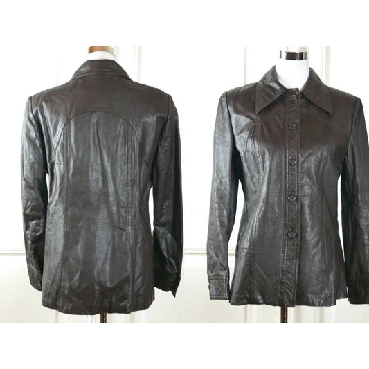 German Women's Vintage 70s Leather Jacket | Shirt Style with Wide Dagger Collar | Small