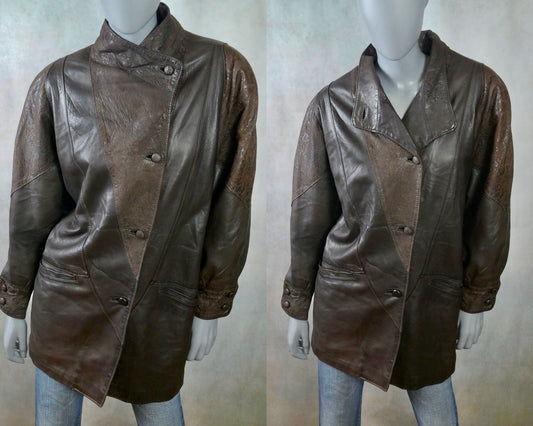 Women's 80s Vintage Leather Jacket | Two-Tone Brown Leather Coat | Extra Large