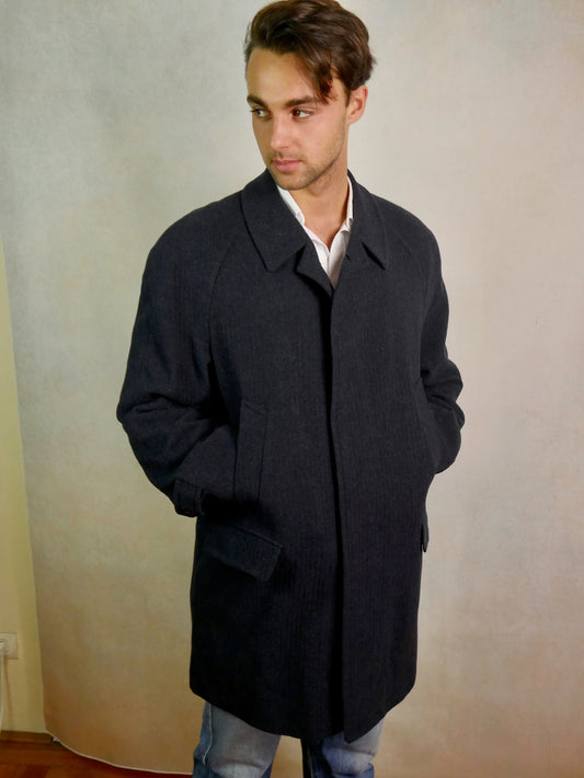 1980s Vintage Coat | Dark Slate Blue Wool Cashmere Blend Overcoat | Large