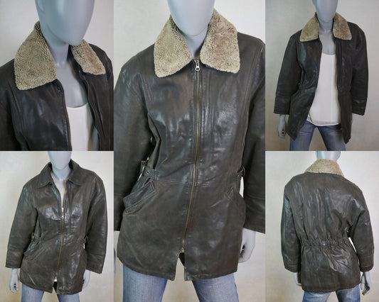 90s Vintage Aviator Jacket | Brown Leather with Detachable Faux Shearling Collar | Medium