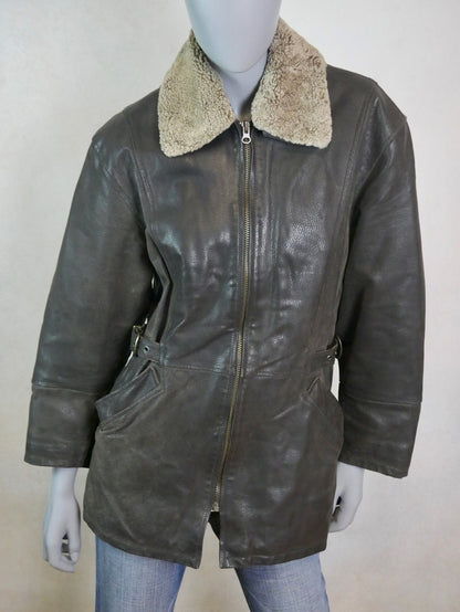 90s Vintage Aviator Jacket | Brown Leather with Detachable Faux Shearling Collar | Medium