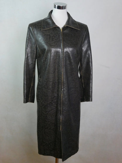 Vintage Brown Leather Coat | Women's 1970s European Vintage Long Jacket with Etched Leaf and Floral Pattern | Large