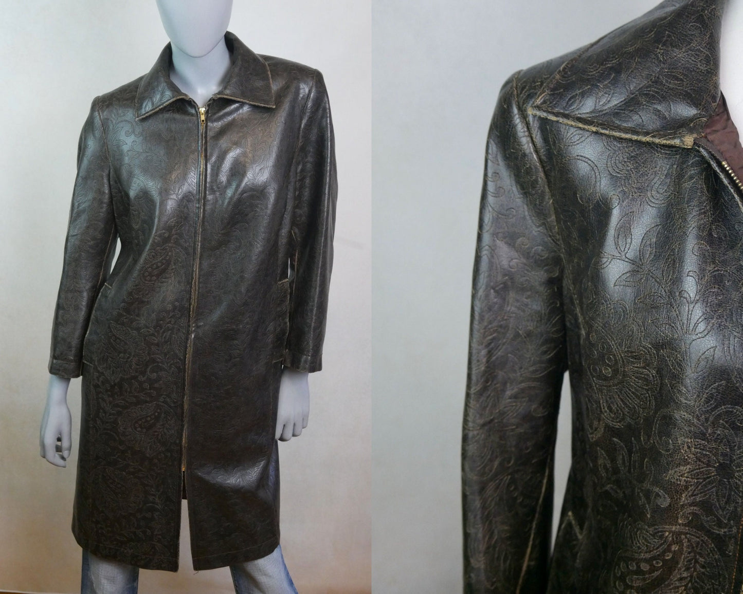 Vintage Brown Leather Coat | Women's 1970s European Vintage Long Jacket with Etched Leaf and Floral Pattern | Large