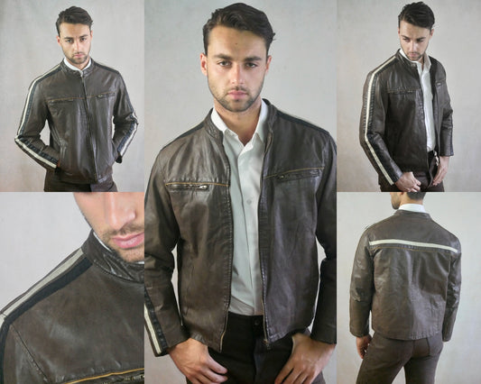 Men's 80s Vintage Brown Leather Jacket with Racing Stripes | Medium