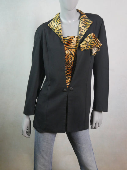80s Vintage Black Blazer with Leopard Print Collar | Large